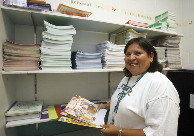 Meadows Elementary and Stout Elementary school counselor Ah-Sha-Ni Wabaunsee splits her time between the two elementary schools and makes sure that she has her materials, like these bullying handouts, available at both schools.