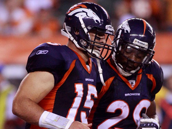 Denver Broncos quarterback Tim Tebow (15) is congratulated by running back Bruce Hall (29) after Tebow scored on a short run against the Cincinnati Bengals in the second half of an NFL preseason football game, Sunday, Aug. 15, 2010, in Cincinnati. (The Associated Press)