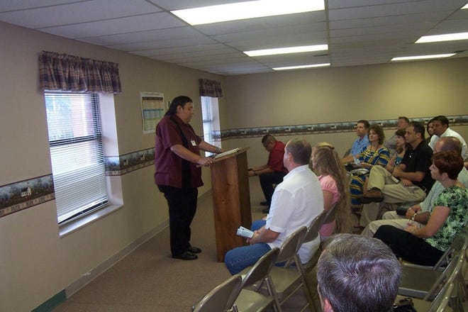 Native American pastor Ron Goombi speaks at a Bible study Aug. 15 at First Baptist Church of Callahan.