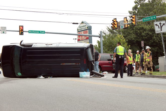 This box van from Maryland rolled onto its side after colliding with a minivan with Pennsylvania tags just before 1 p.m. Wednesday at the intersection of Buchanan Trail East and Midvale Road near the Waynesboro Marketplace. The drivers involved were evaluated on the scene, but did not require additional treatment, according to Blue Ridge Summit Fire and Rescue. Additional information about the accident was not available before press time.