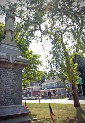 A monument to Plympton soldiers who fought in the Civil War stands on the Plympton Greenon Wednesday, Aug. 11, 2010.