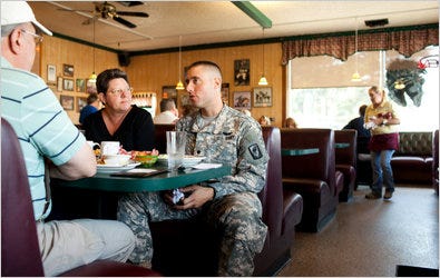 Specialist William Parent of the Army ate with his parents at Galloping Gerties Grill in Lakewood, Wash., near Joint Base Lewis-McChord.