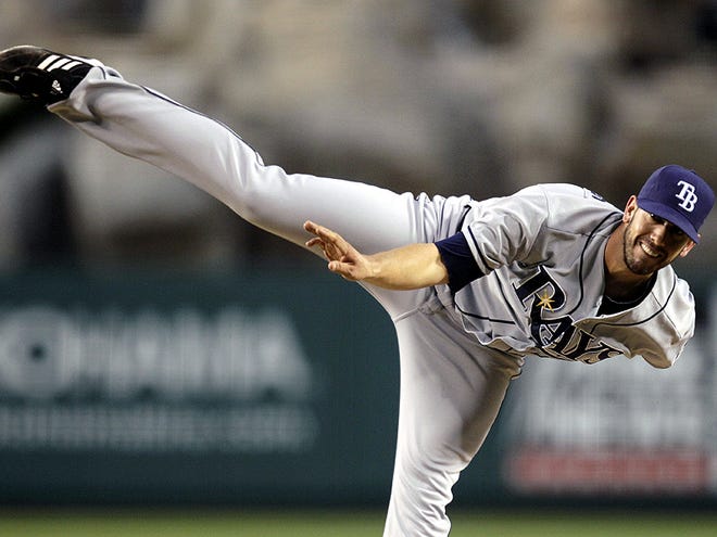 Tampa Bay Rays starting pitcher James Shields throws against the Los Angeles Angels in the first inning of a baseball game in Anaheim, Calif., Monday, Aug. 23, 2010. (AP Photo/Jae C. Hong)
