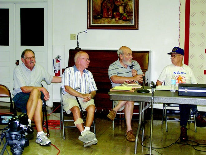 Greencastle veterans involved in the testing of atomic bombs recounted their experiences during Old Home Week. Pictured from left are Bill Pistner, Bob Shreiner, George Mace and Clyde Stair.