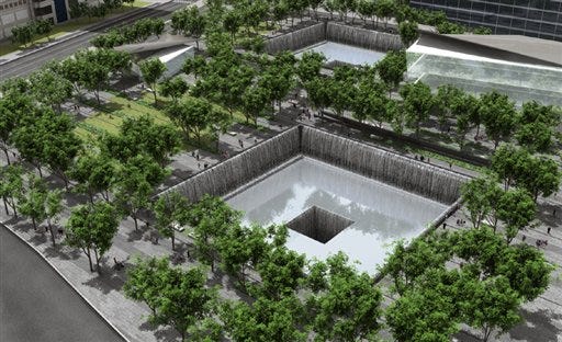 FILE - This file image, an artist's rendering provided by the World Trade Center Memorial Foundation on March 13, 2006, shows an overhead view of the proposed World Trade Center memorial. Trees for the memorial are scheduled to arrive in lower Manhattan early on Saturday Aug. 29, 2010. Sixteen swamp white oaks are the first of nearly 400 trees arriving on Saturday to the former World Trade Center site where almost 3,000 people died. For about two days, crews will work round-the-clock planting them on the 8-acre memorial plaza that its designers envisioned as a peaceful, green space. (AP Photo/World Trade Center Memorial Foundation, File)