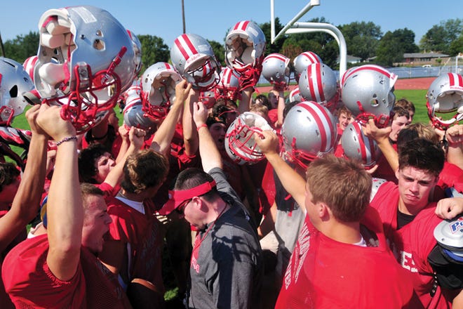 Canandaigua Braves huddle up after their scrimmage vs. Gates Chili on Saturday August 28, 2010.