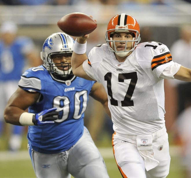 Detroit Lions defensive tackle Ndamukong Suh (90) chases Cleveland Browns quarterback Jake Delhomme (17) in the first quarter Saturdayin Detroit.