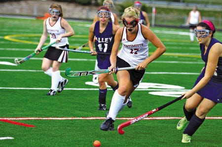 Cody Smith photo
Portsmouth High School’s Eilee Foley fights for possession of the ball during Friday’s Division II field hockey game against Merrimack Valley in Portsmouth. The Clippers lost, 2-1.
