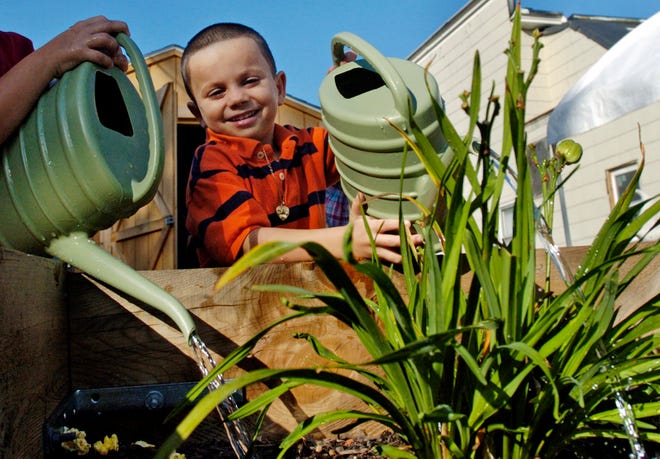 Jordan Altamura, 8, of Utica giggles as he waters a plant during the grand opening of the Oneida Square Project Community Garden on Kirkland Street, Monday, September 13, 2010 in Utica. The project was funded by the Community Foundation and headed by the Cornerstone Community Church.