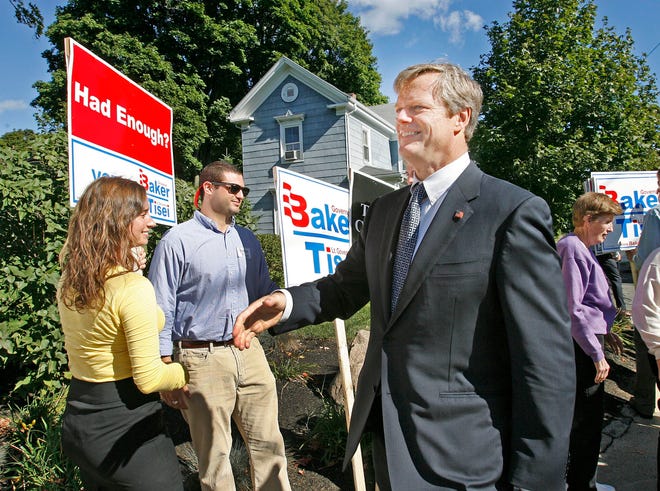 Republican gubernatorial candidate Charlie Baker was in Quincy on Wednesday, Sept 15, 2010, to campaign in rival Tim Cahill's hometown. Baker shakes hands with supporters on Adams Street.