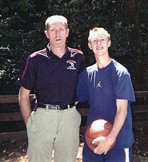 Yreka resident Sam McCoy, left, stands with his son, Zach Saylors, outside of the Golden Bears Basketball Camp this summer, a prestigious camp for high school players where Zach was named MVP and won the one-on-one and slam dunk competitions. McCoy played basketball on many levels, including a stint with the Sacramento Kings’ summer league.