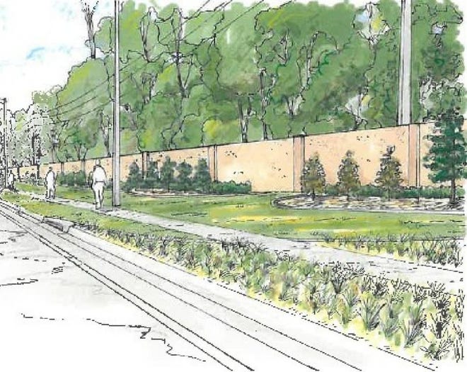 A rendering of how a proposed 8-foot buffer wall would look along the newly widened stretch of U.S. 17, just north of the Doctors Lake Bridge.