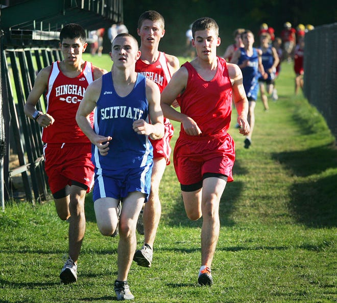 Leading the boys race at Hingham High School Tuesday, September 21, 2010, are, from left, Hingham’s Michael Baccari, Scituate’s Pete Noenickx, Hingham’s Steven Lamonde and Quincy/North Quincy’s John Green. Baccari was the runaway winner in the race.