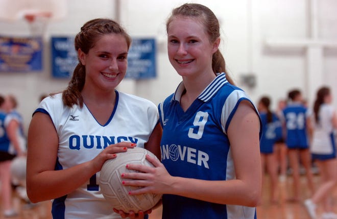 Cousins Nicole Parry, left, of Quincy and Amanda Parry of Hanover were on opposite sides of the volleyball net Wednesday, Sept. 22, 2010.