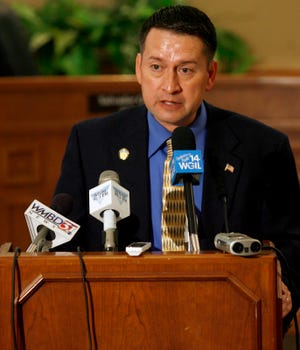 Mayor Sal Garza addresses members of the audience and media during a news conference Wednesday morning at City Hall. The city of Galesburg, along with Knox County, has received a $1.2 million dollar grant that will be used over three years and will include money for training and grants for start-up companies.
