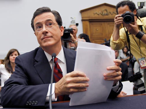Comedian Stephen Colbert, host of the "Colbert Report," prepares to testify on Capitol Hill in Washington, Friday, Sept. 24, 2010, before the House Immigration, Citizenship, Refugees, Border Security and International Law subcommittee hearing on Protecting America's Harvest.