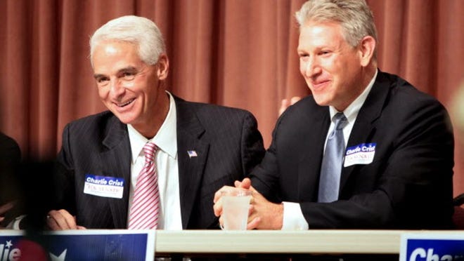 Former U.S. Rep. Robert Wexler (right) endorses Gov. Charlie Crist for U.S. Senate. The two appeared at Century Village in Boca Raton Sunday morning, Sept. 26, 2010.