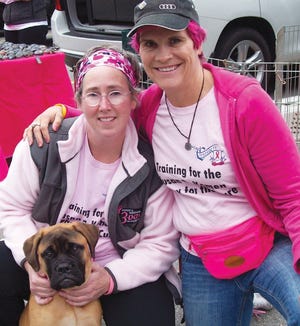 Cup Crusaders Lisa Heffner and Kathy DiRusso are going to Tampa, Fla. to participate in the Susan G. Komen Three Day Walk for Breast Cancer. Also in the photo is Heffner’s dog, Petal.