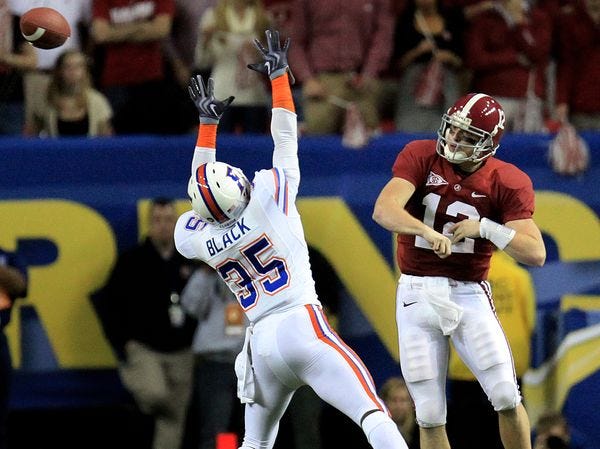 Alabama quarterback Greg McElroy throws over Florida's Ahmad Black during the second quarter of the 2009 SEC Championship in Atlanta.