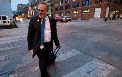 John C. Lechleiter, chief executive of Eli Lilly since 2008, walking to work in Indianapolis from his home one mile away.