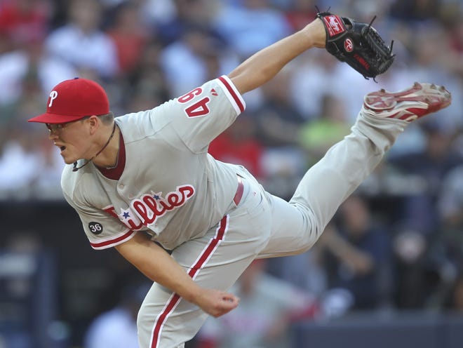 Philadelphia Phillies pitcher Vance Worley works in the fourth inning against the Atlanta Braves on Saturday in Atlanta.