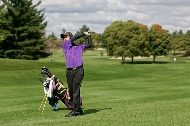 Belvidere High School's Robert Dofflemyer hits the ball Saturday, Oct. 2, 2010, during the NIC-10 Boys Conference Golf Meet at Elliot Golf Course in Rockford.