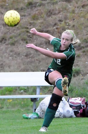 Nipmuc's Kelly Niland boots the ball up the field during the Warriors' 1-1 tie with Millbury.