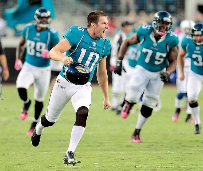 Jaguars kicker Josh Scobee celebrates after kicking the game-winning field goal against the Colts on Oct. 3. The Associated Press