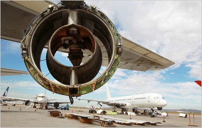 Engines are removed from an airplane at Southern California Logistics Airport in Victorville, Calif., a facility where airplanes are repaired, stored and dismantled.