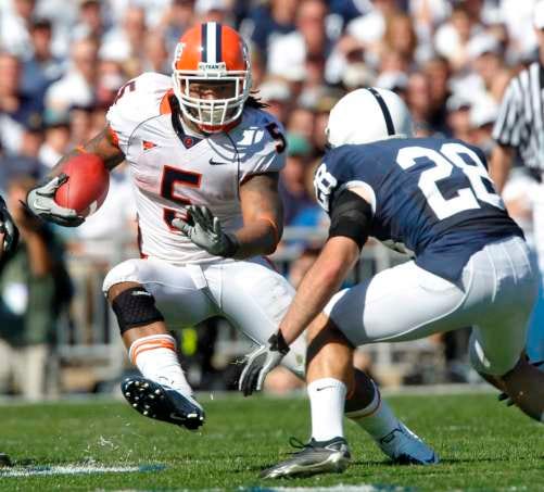 Illinois running back Mikel Leshoure runs by Penn State safety Drew Astorino for a first down during the second quarter Saturday, Oct. 9, 2010 in State College Pa. Illinois won 33-13.