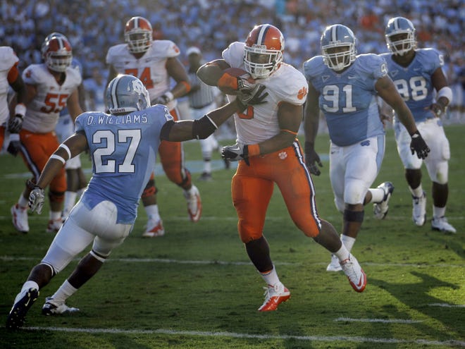 Running back Jamie Harper scores one of Clemson's two touchdowns on Saturday at North Carolina. With an average of just 4 yards per carry, it looks like Harper might see less touches.