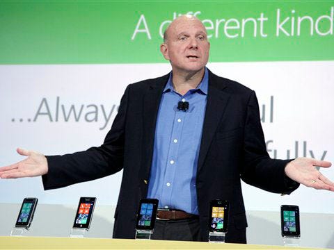 Microsoft CEO Steve Ballmer speaks during the launch of new smart phones with AT&T Inc., ahead of the holiday shopping season, that will run on Microsoft's new mobile software, in New York, Monday. (AP Photo/Richard Drew)
