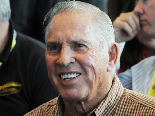 Spartanburg's Bud Moore and David Pearson were elected to the NASCAR Hall of Fame on Wednesday in Charlotte, N.C. Here Pearson enjoys a video of highlights from his career after the announcment.