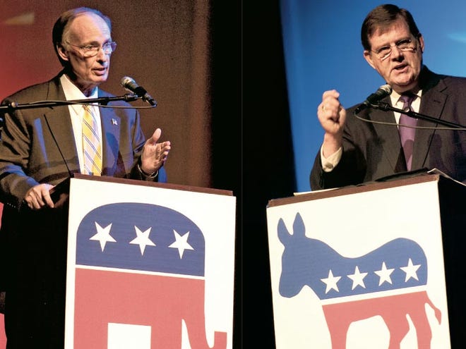 Republican gubernatorial candidate Robert Bentley, left, and Democratic candidate Ron Sparks speak at an education forum on Tuesday at Gadsden State Community College in Gadsden.