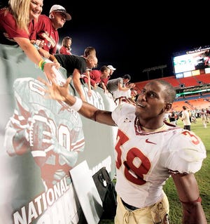 Florida State running back Jermaine Thomas celebrates after a win over Miami last week. The Associated Press