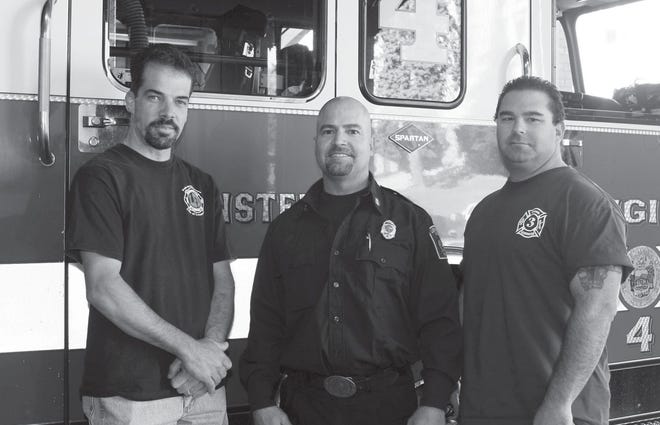 Pictured (left to right) are members of the Leominster Firefighters’ Relief Association and the Leominster Fire Department - Firefighter Rob Griffin, secretary, Lt. Mike Marino, treasurer; and Firefighter Bob Penning, president. PHOTOGRAPHY COURTESY OF VINCENT APOLLONIO