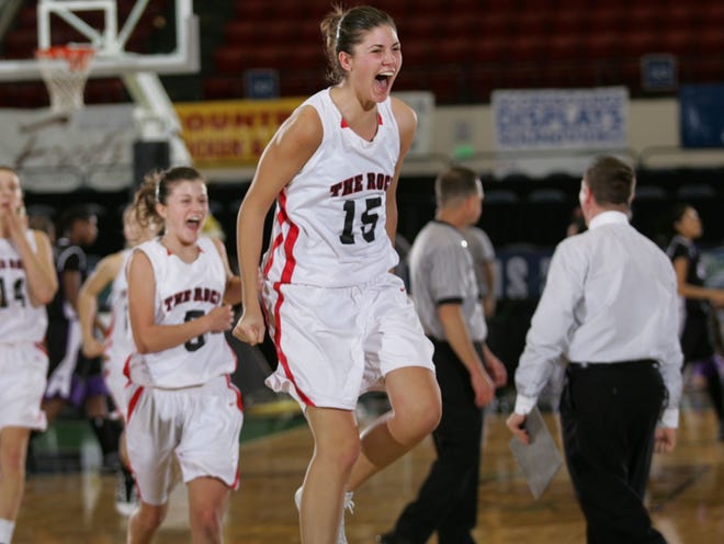 Viktorija Dimaite reacts after The Rock won the 2010 Class 1A state championship, beating Hollywood Christian 51-48 in Lakeland. Dimaite committed to UF on Thursday night.