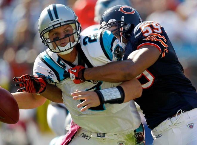 Carolina Panthers quarterback Jimmy Clausen is sacked by Chicago Bears linebacker Pisa Tinoisamoa in the second half of the Bears' 23-6 win in Charlotte, N.C., Sunday, Oct. 10, 2010.