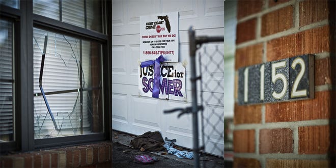 On the exterior of 1152 Gano Ave., the house in which police say Somer Thompson was killed, a front window is shattered and a First Coast Crime Stoppers sign still hangs above a worn Justice for Somer banner on the garage door.