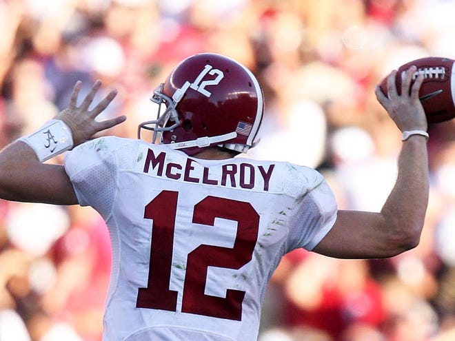Alabama quarterback Greg McElroy (12) throws a pass during the second half of the South Carolina game. McElroy has thrown for 534 yards, four touchowns and no interceptions in his last two games.