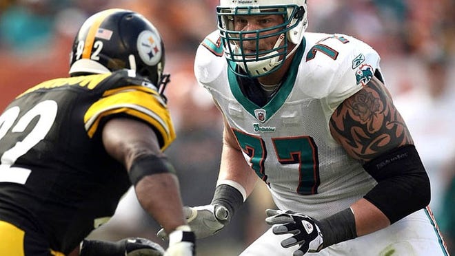 Jake Long (77) and the Dolphins take on hard-hitting James Harrison and the Steelers on Sunday, Oct. 20, 2010.