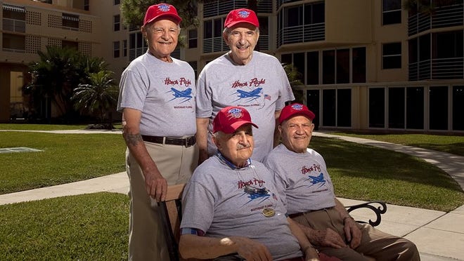 WWII Veterans from Delray Beach will be participating in an Honor Flight to Washington D.C. Back row from left is Gilman Pelletier, Samuel Tallow, left front is Aaron Levine and Edward Maccarrone.
