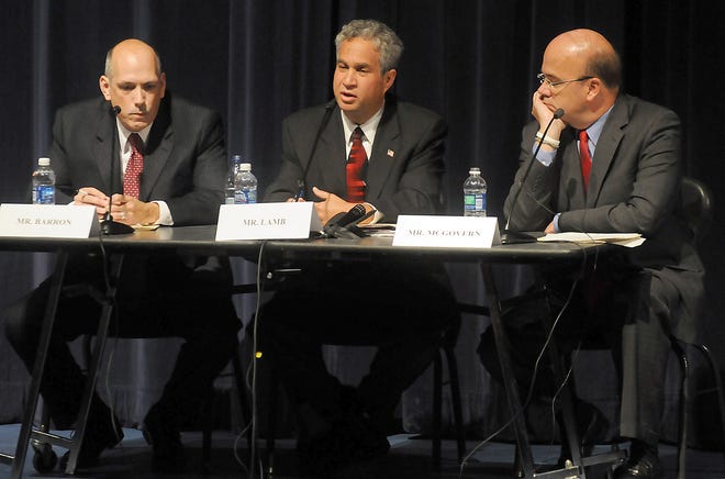 Pat Barron, left, Marty Lamb, center, and U.S. Rep. Jim McGovern take part in Wednesday night's 3rd Congressional District debate in Shrewsbury.
