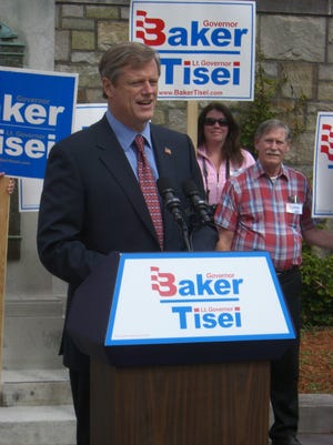Republican gubernatorial candidate Charlie Baker addresses a crowd of supporters in Marlborough yesterday.
