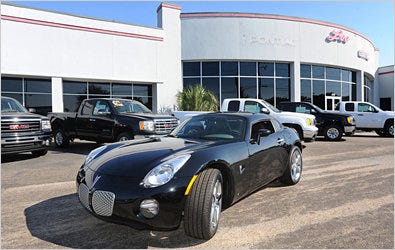 The last new Pontiac for sale on the lot at Lee Pontiac GMC in Fort Walton Beach, Fla., is a 2009 Pontiac Solstice coupe hardtop.