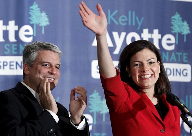 AP Photo/Cheryl Senter

SEN.-ELECT Kelly Ayotte, with husband Joe Daley by her side, celebrates winning the Senate race in Concord, Tuesday evening. Ayotte beat her Democratic opponent Paul Hodes by a 2-1 margin.