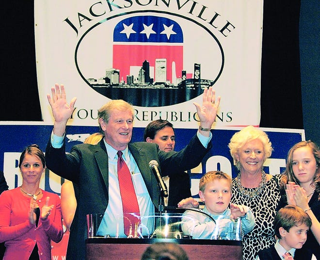 Surrounded by his family, State Senator John Thrasher addressed the crowd as elections results looked like they were going his way Tuesday night. State Senator John Thrasher's supporters were in a celebratory mood as they watched the election results come in Tuesday evening at the Hyatt Regency on Jacksonville's Northbank while the mood was more subdued at his opponent Deborah Gianoulis' party at the Southpoint Marriott. By BOB SELF, The Florida Times-Union