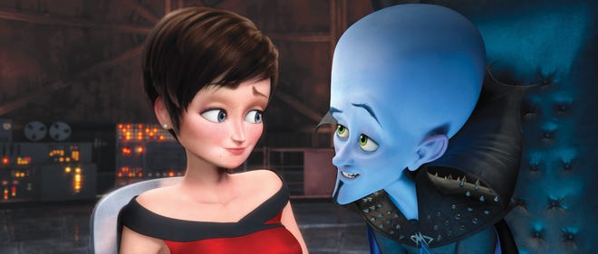 Roxanne Ritchi, voiced by Tina Fey, right, and Megamind, voiced by Will Ferrell, are shown in a scene from the animated feature "Megamind."