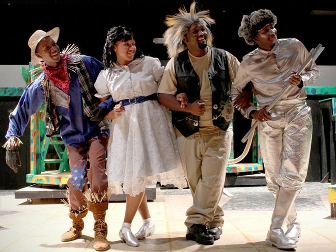 “The Wiz,” which opens Friday at the Gainesville Community Playhouse, features, from left, Kevin Anderson as the Scarecrow, Nona Jones as Dorothy, Kirk Scott as the Lion and Howard Anderson as the Tin Man.