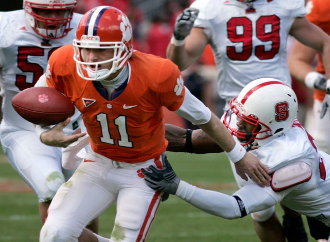 Clemson fumbled five times against N.C. State, including this one by QB Kyle Parker, who was benched for his inconsistent play. Parker returned to lead the Tigers to the one-point victory.